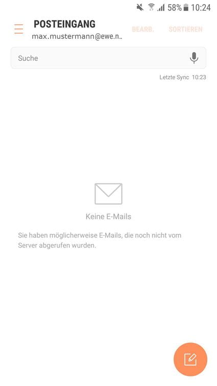Posteingang des neu eingerichteten E-Mail Kontos