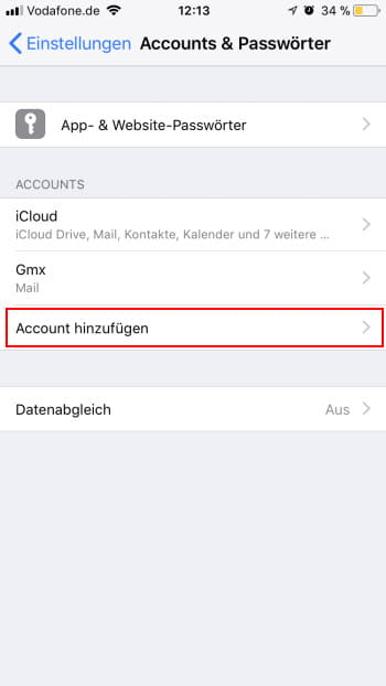iOS Einstellungen Accounts und Passwoerter Account hinzufuegen