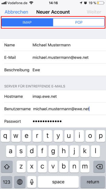 iOS Einstellungen Neuer Account IMAP POP