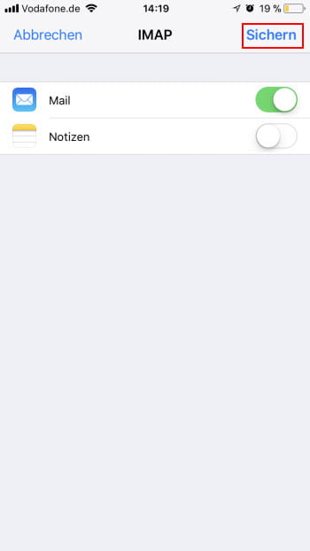 iOS Einstellungen Neues E-Mail-Konto IMAP Mail Notizen