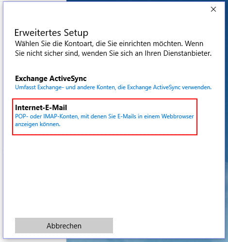 Erweitertes Setup Internet-E-Mail Konto