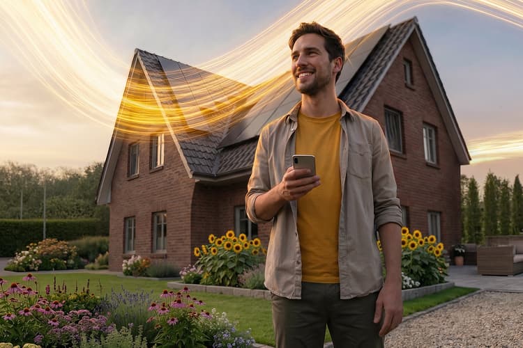 Mann steht vor einem Haus mit Solarsystem. 