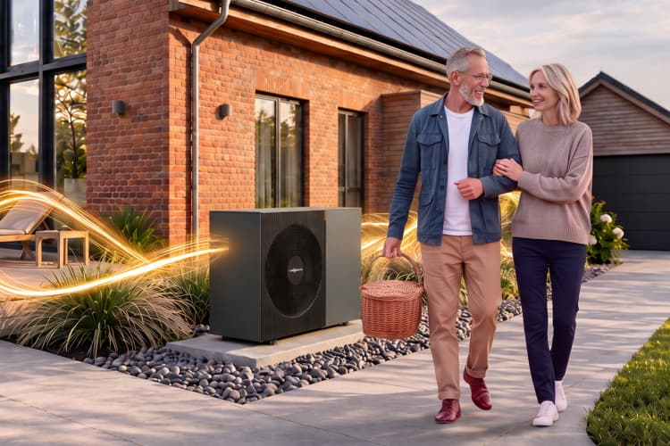 Ein älteres Ehepaar steht vor seinem Haus samt Wärmepumpe