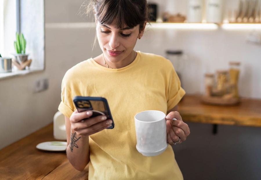 Frau mit Kaffeetasse in der Hand schaut in der Küche auf Smartphone