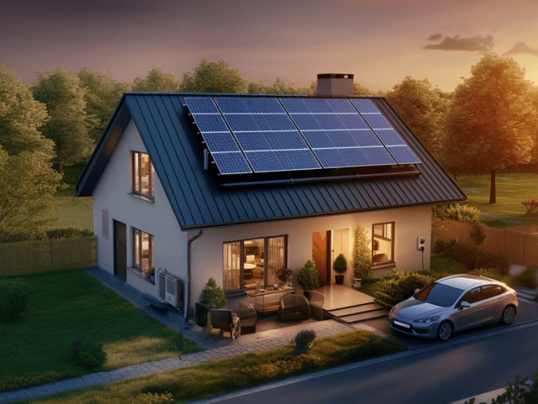 Haus mit Solaranlage, Wärmepumpe und Wallbox vor einer Baumreihe im Sonnenuntergang